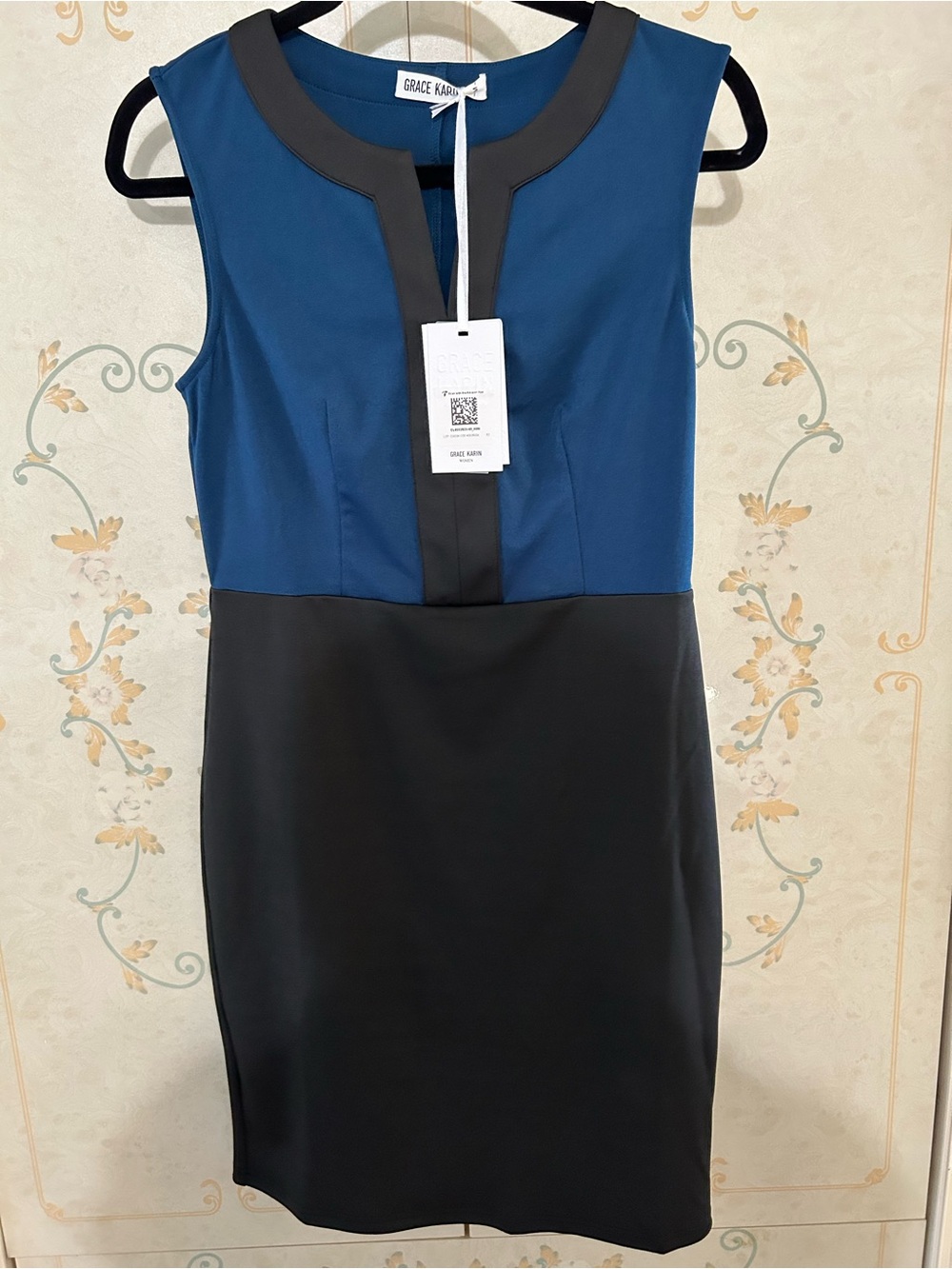 Grace Karin Teal-Blue and Black Sleeveless Sheath Dress